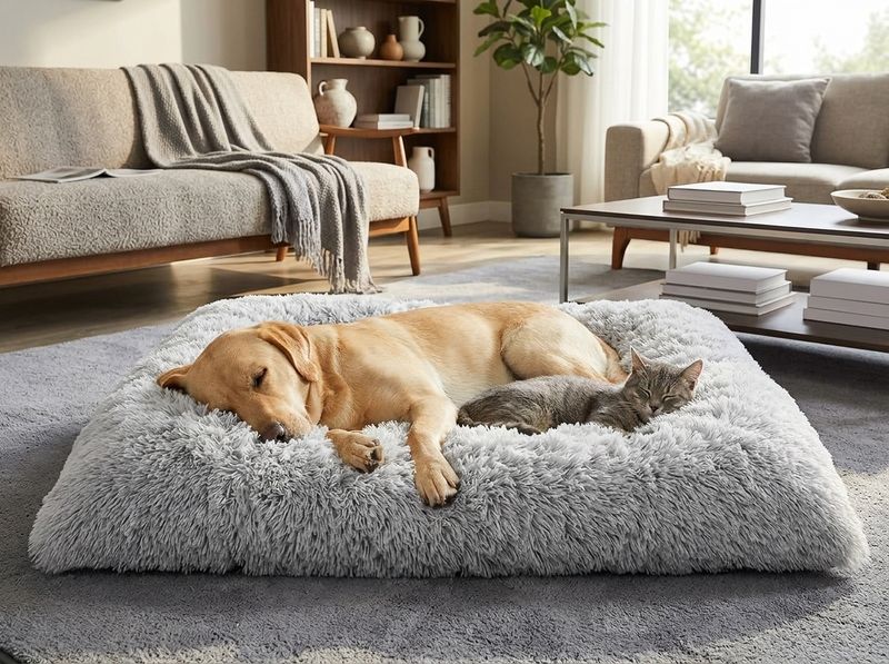 Close-up of dog bed bottom showing molded rubber grip dots on hardwood