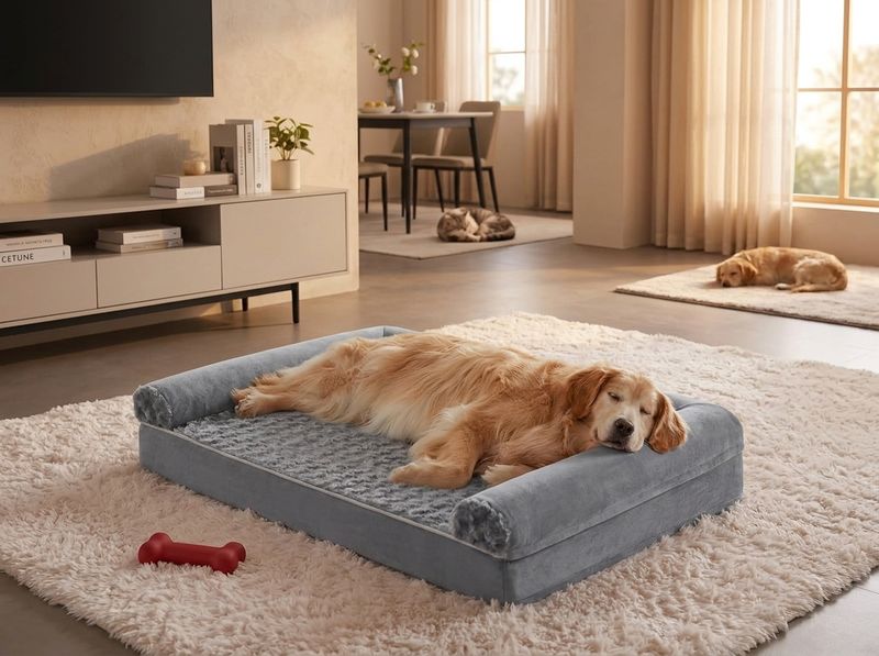 Senior Jack Russell Terrier resting on a U-shape bolster dog bed with egg-crate foam visible