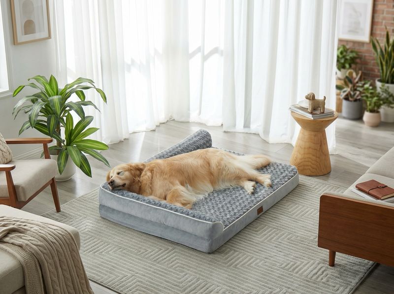 Hand unzipping the cover of a dog bed to reveal black waterproof mezzanine layer