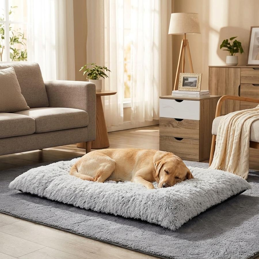 Plush crate dog bed in a grey tone inside a wire crate