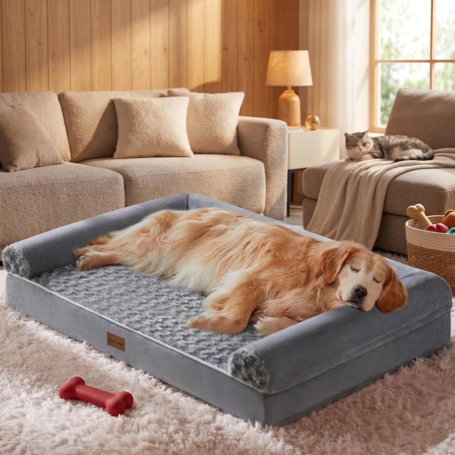 Senior dog lying on an orthopedic bed in a living room