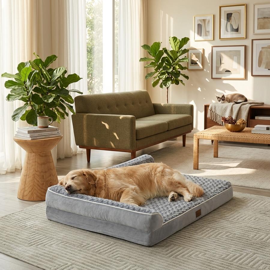 Small dog curled in a donut calming bed