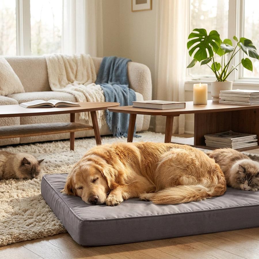 Outdoor waterproof dog bed on a patio deck