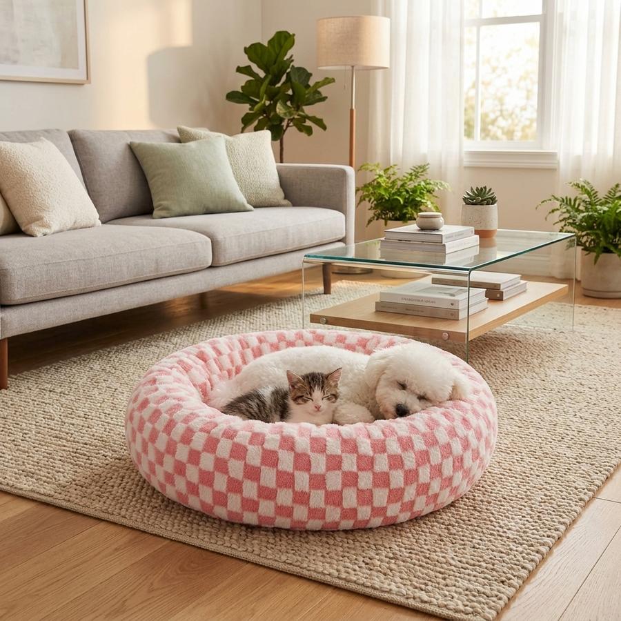 Pink donut calming bed with small dog