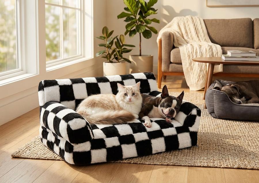 Cat and dog checkered couch